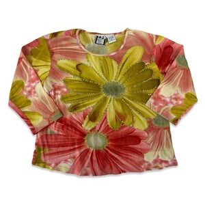 Vintage Y2K Floral Stretch Knit Top Rhinestone Flower 3/4 Sleeve Blouse